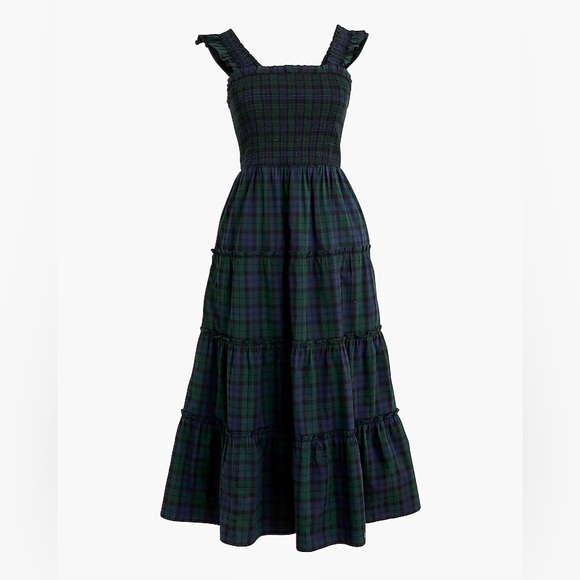 J.Crew Cotton-blend poplin smocked tiered midi dress - Picture 1 of 5
